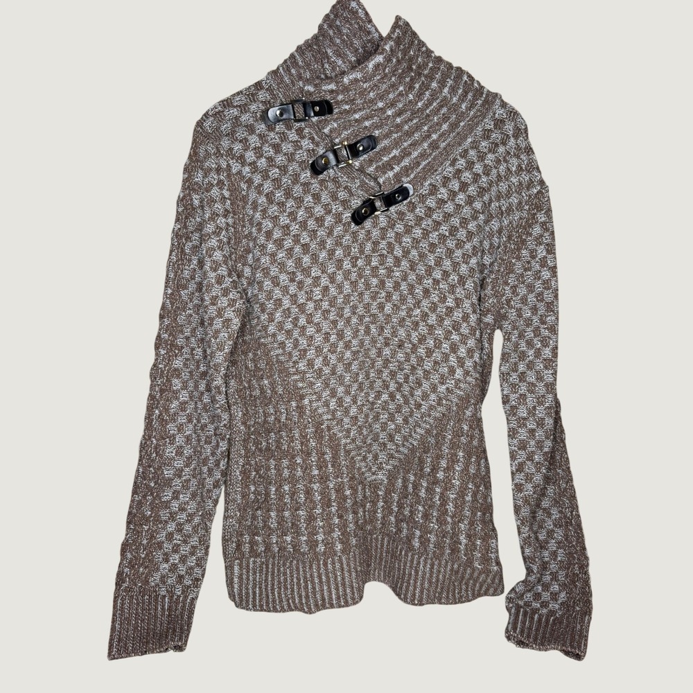 Coofandy Mens Brown Marled Buckle Mock Neck Sweater Large Waffle Cable Pullover